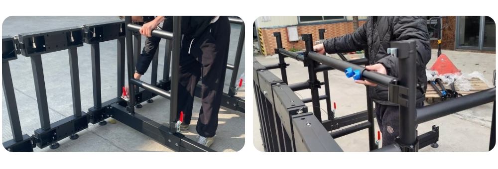 Installing ladder trusses and crossbars to form a stable LED wall support structure