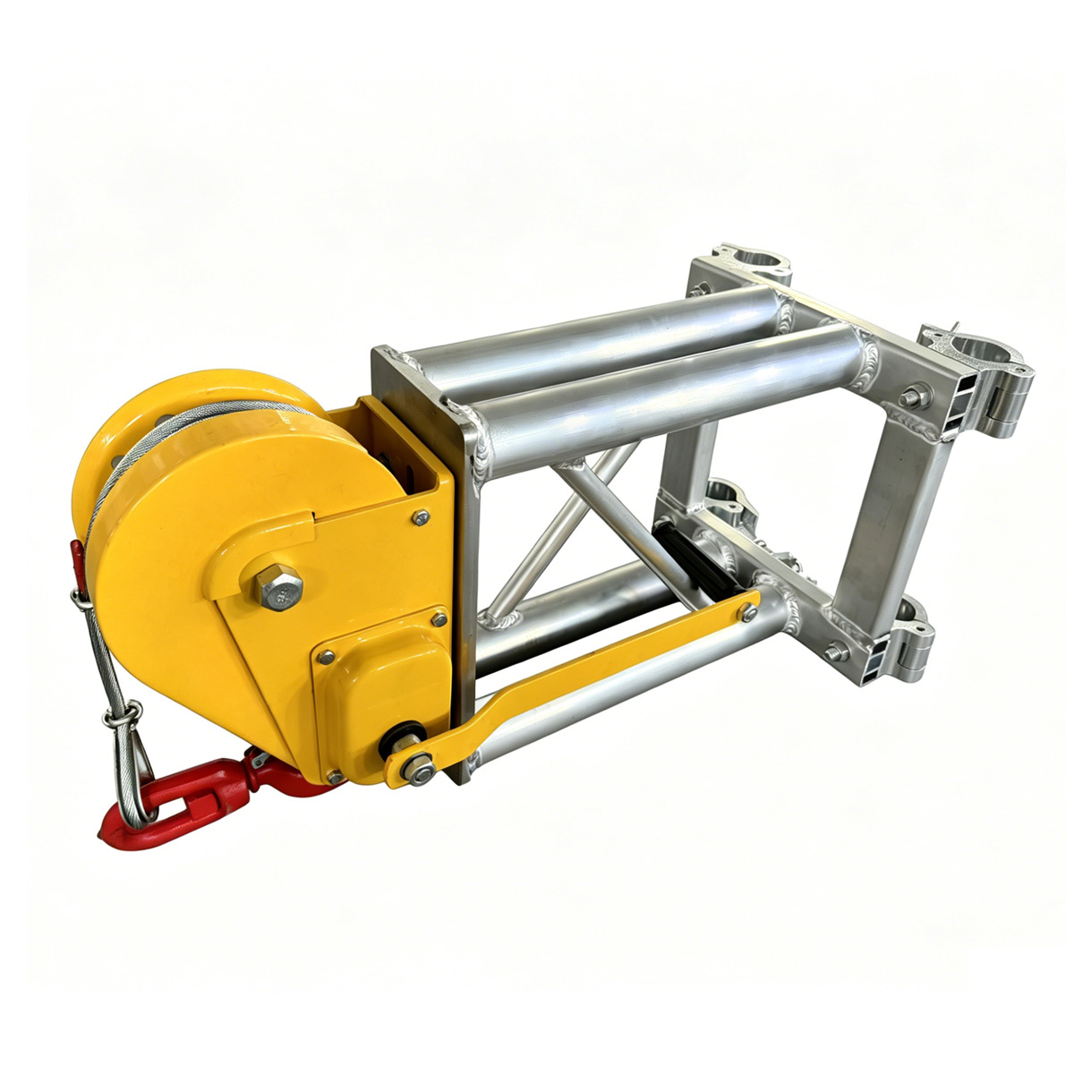 Manual handle winch for truss tower lifting with aircraft-grade steel cable