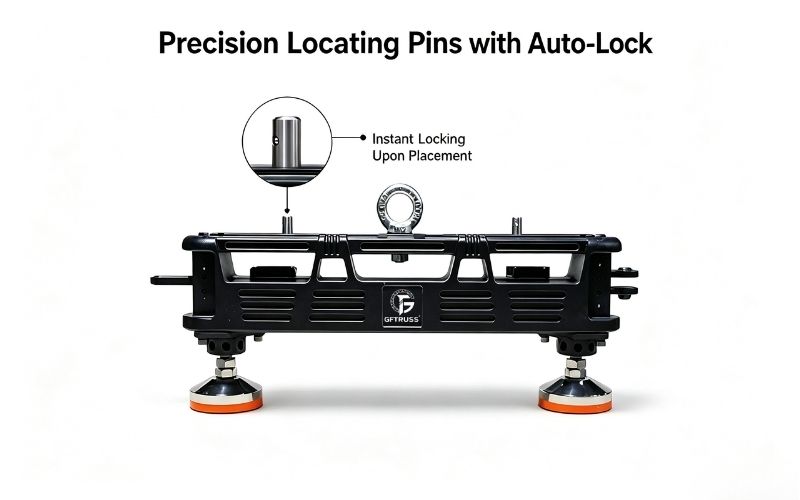 Auto lock locating pins on LED screen ground beam for instant cabinet alignment