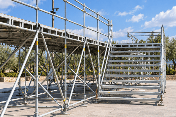 Elevated steel scaffolding stage with integrated stair access Elevated steel scaffolding stage with integrated stair access